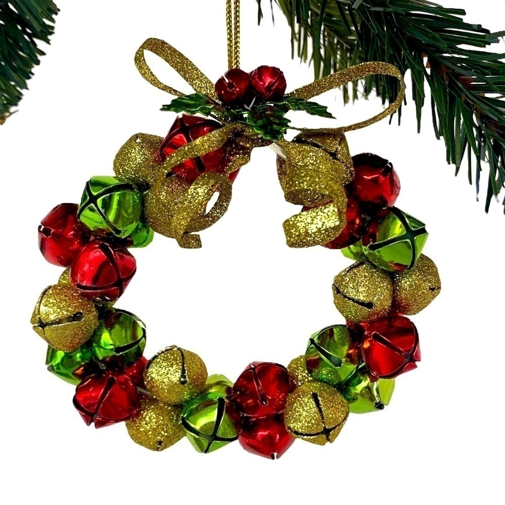 Jingle Bells Wreath Christmas Ornament Red Gold Green 3.5"